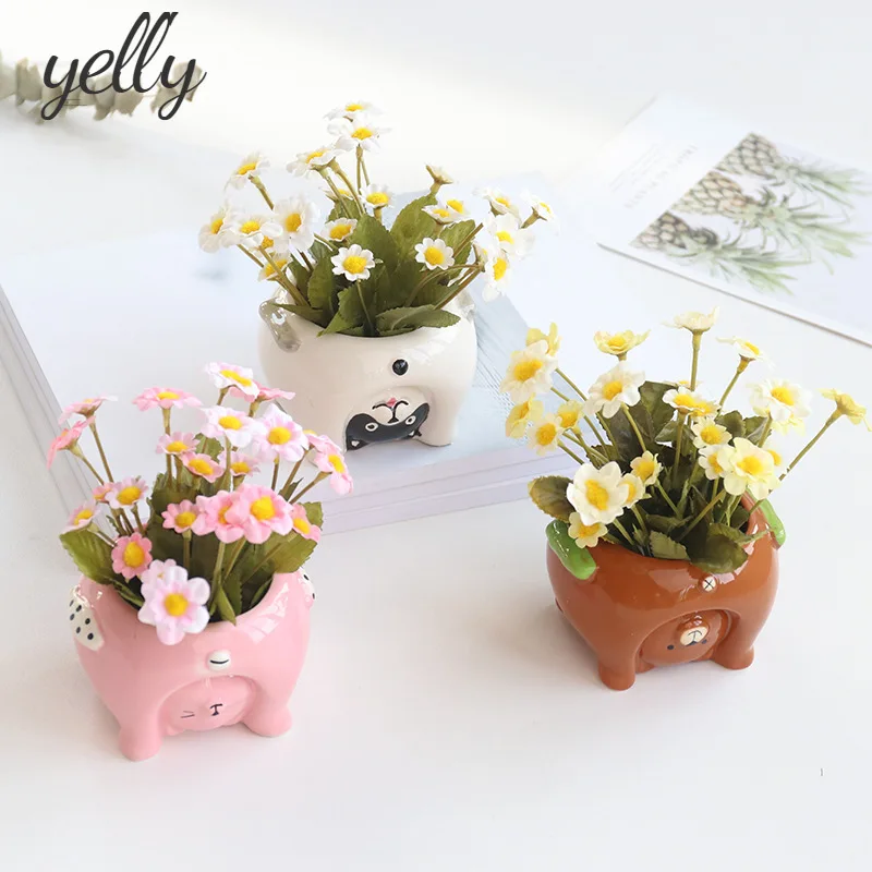 

Скандинавские милые мини-животные, керамический цветок в горшке, украшение для офиса, настольное украшение, маленькое Горшечное растение