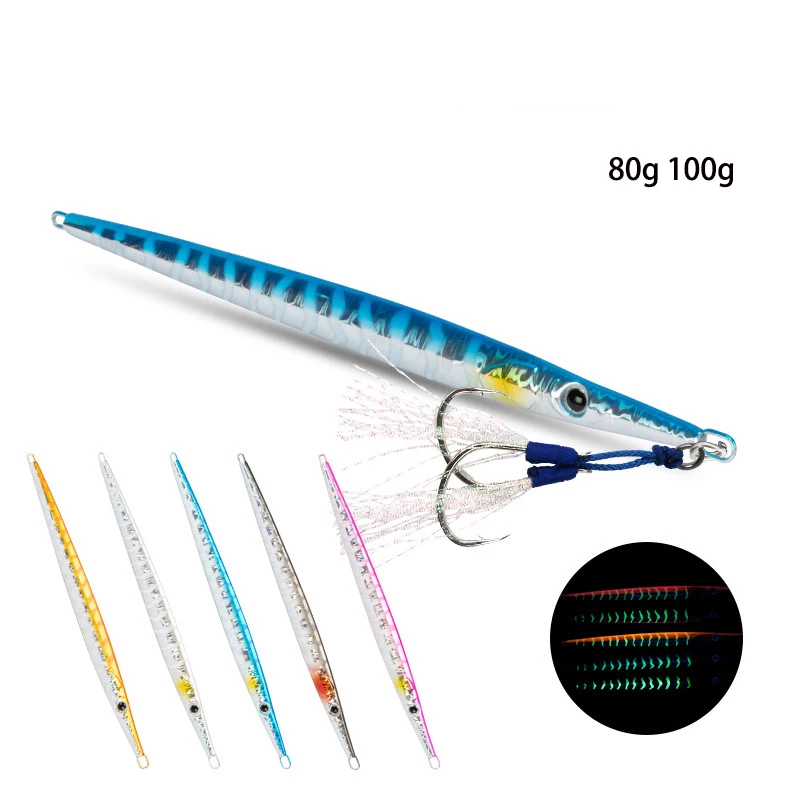 

2pcs Sea Fishing Speed Sinking Iron Plate 80g 100g Tied Hook Shaking Bait Luminous Metal Jig Lure Hard Baits Vertical Jigging