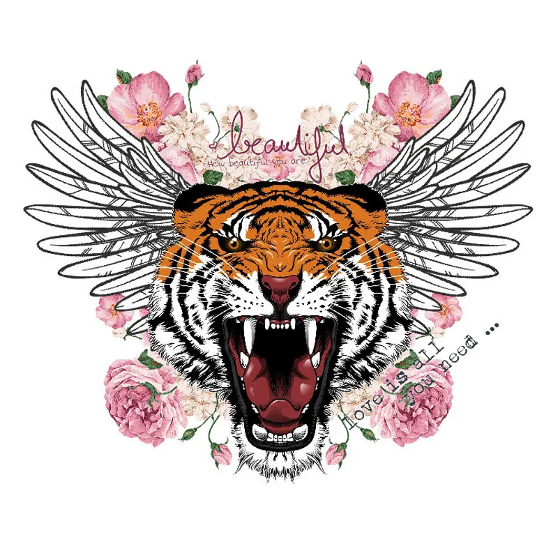 

Oeteldonk New Flowers Tiger Patches on Clothes Man's T Shirt Applique Diy Animal Iron on Transfers for Clothing Thermal Stickers