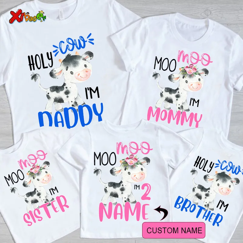 

Cow Family Birthday Shirt Farm Shirts Holy Cow I'm Two Birthday Family TShirt Personalized Name Girl Matching Outfit Boy 2st 3rd