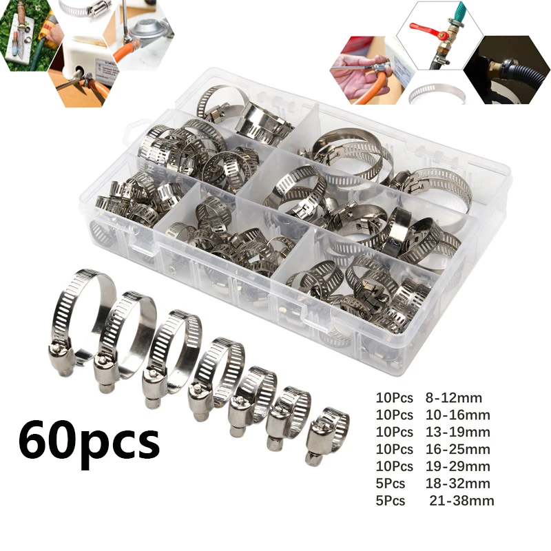 60pcs 8mm-38mm Hose Clamp Stainless Steel Hoop Clamps Automotive Fuel Pipe Tube Clip Hardware Spring Water Plumbing 2 Types