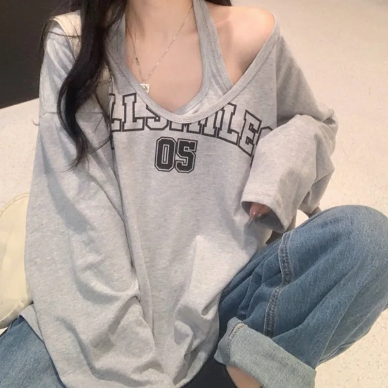 

Korean Style Oversized Women T-Shirts Casual Harajuku Streetwear Letter Print Long Sleeve Female Tops Fashion All-match