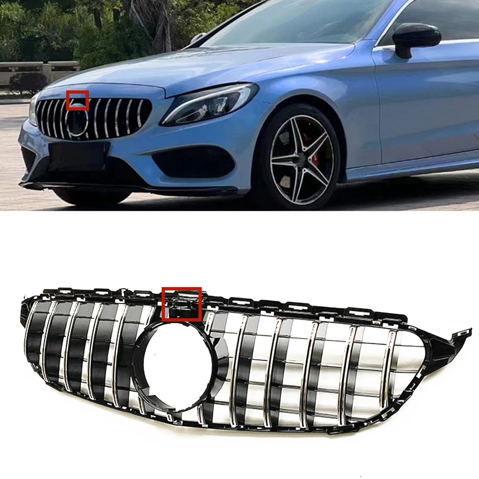 

Передняя решетка-гриль для Mercedes Benz C Class W205 2015-2018 GT Style, серебристый автомобильный верхний бампер, фоторешетка в комплекте с отверстием для ка...