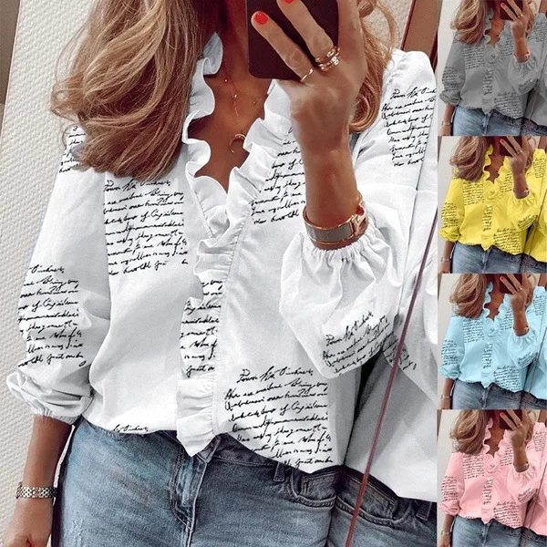 

Summer ruffle long sleeve V-neck letter printed blouse