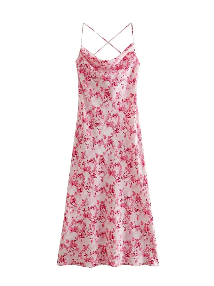 

Elegant Women Floral Printed Spaghetti Strap Midi Dress 2022 Summer Sexy Backless High Waist For Dancing Party Office Lady