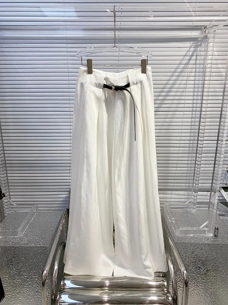 Summer white casual pants for women wide leg pants with belt decoration high waisted straight leg pants