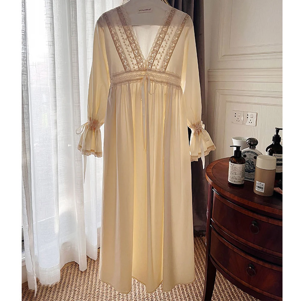 Women Jacquard Vintage Princess Elegant V-neck Nightgown For Spring Autumn Sweet Palace Beautiful Long Sleeve Cotton Nightdress