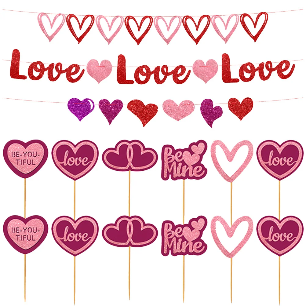 

Valentine Day S Banner Party Heart Decoration Hanging Flag Pattern Love Toppers String Cupcake Banners Glitter Decor Garland