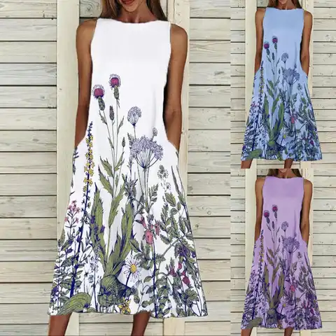 Women Summer Big Swing Women Dress Summer New Sleeveless Elegant Floral Print Dress Casual Party Beach Pockets Vestidos