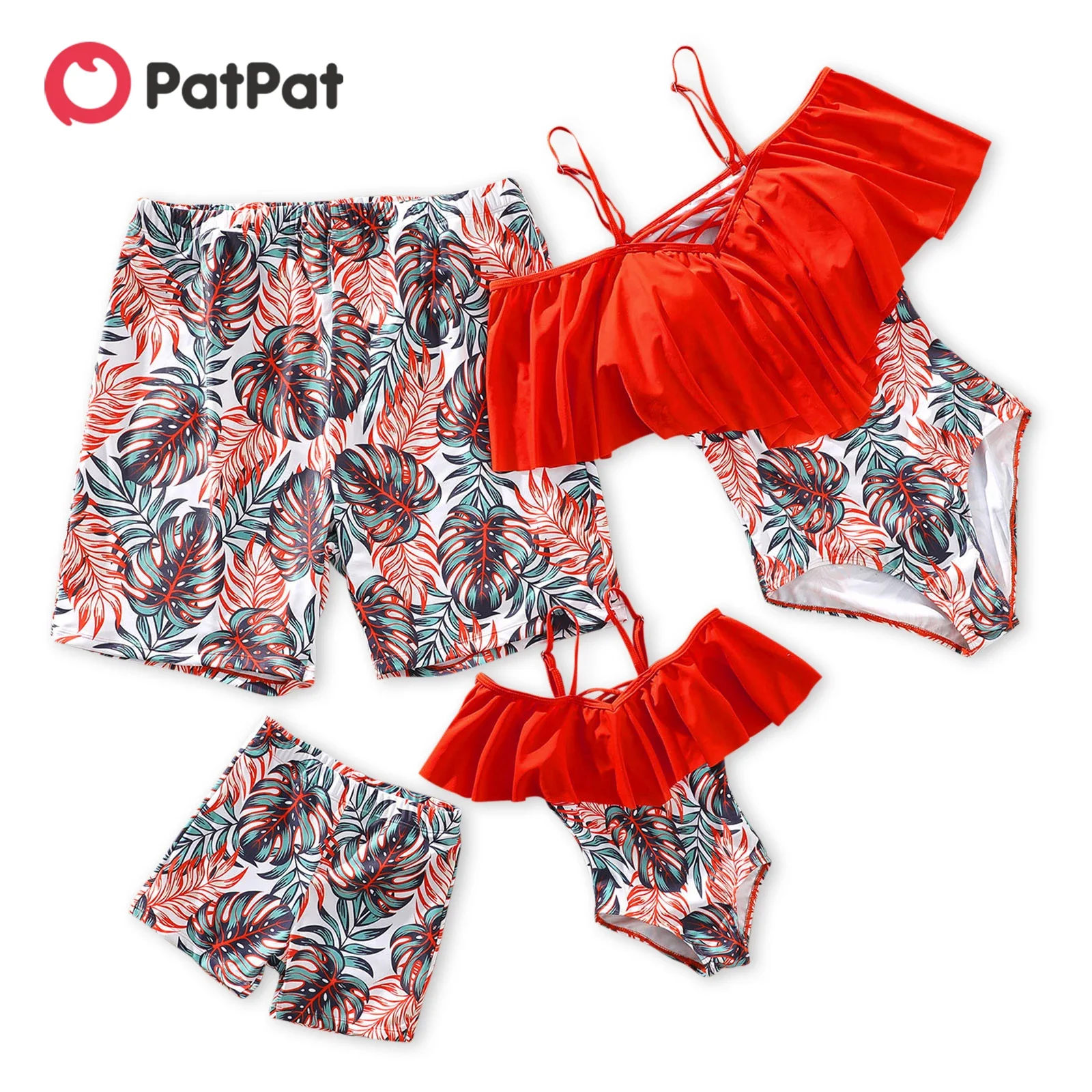 PatPat Family Matching Allover Tropical Plants Print Swim Trunks Shorts and Spaghetti Strap Ruffle One-Piece Swimsuit