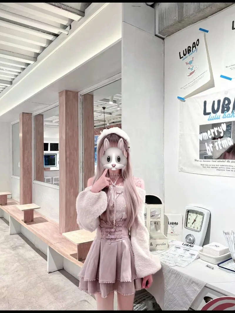 Свитер с открытыми плечами в японском стиле Sweet Lolita + розовая юбка с высокой талией, комплекты на осеньзиму, новая милая одежда в стиле кавай для девочек (art.: 3920d9480f4d2) - 3920d9480f4d2