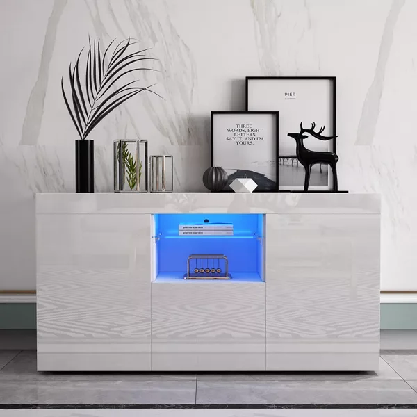 

53.1 in Modern Sideboard 2 Door 1 Drawer with 16 LED RGB Light Multifunctional Sideboard Storage Cabinet High Gloss White