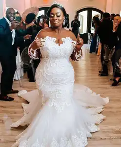 South African Black Women Plus Size Wedding Dresses Sheer Neck Lace Illusion Long Sleeves Bridal Gowns Mermaid