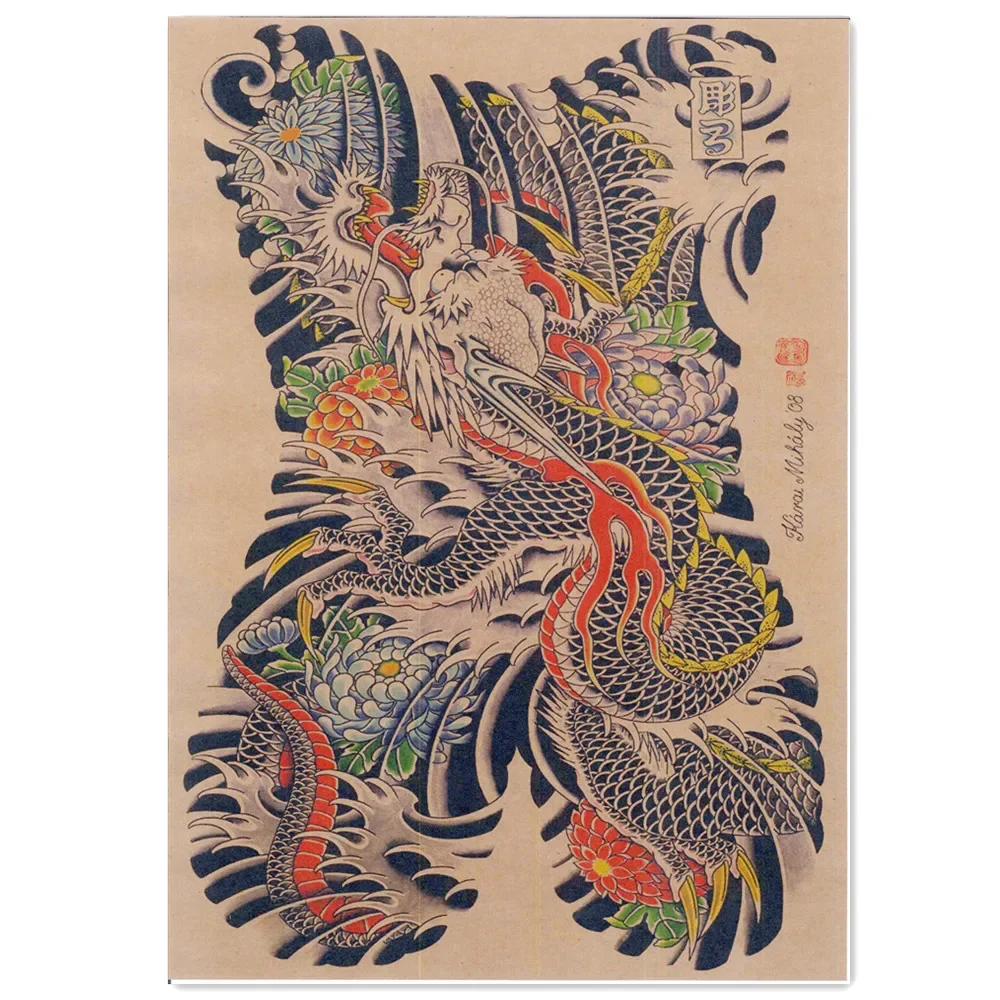 Тату-картины Dragon Ukiyo-e винтажные постеры из крафт-бумаги и принты домашний декор