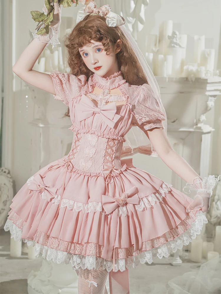 Original Genuine Lolita Japanese Style Sweet Girl Dress Daily Kawaii Pink Short Dress Doll Op Cute Lace Short Dress
