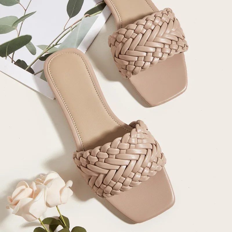 

2022 New Slippers Women Flat Sandals Shoes Summer Weave Leather Sandals Slipper Indoor Outdoor Flip Flops Beach Shoes Female