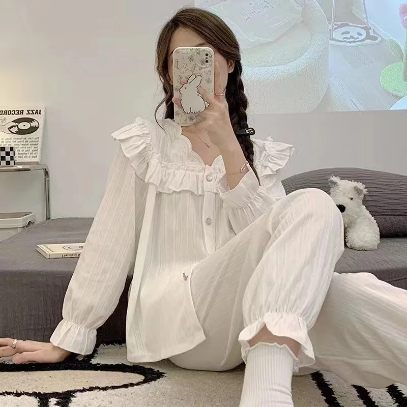 New Pajamas for Women Spring Pure White Suit This Cute Princess Style V-neck Cardigan Cropped Pants Comfortable Home Casual Wear