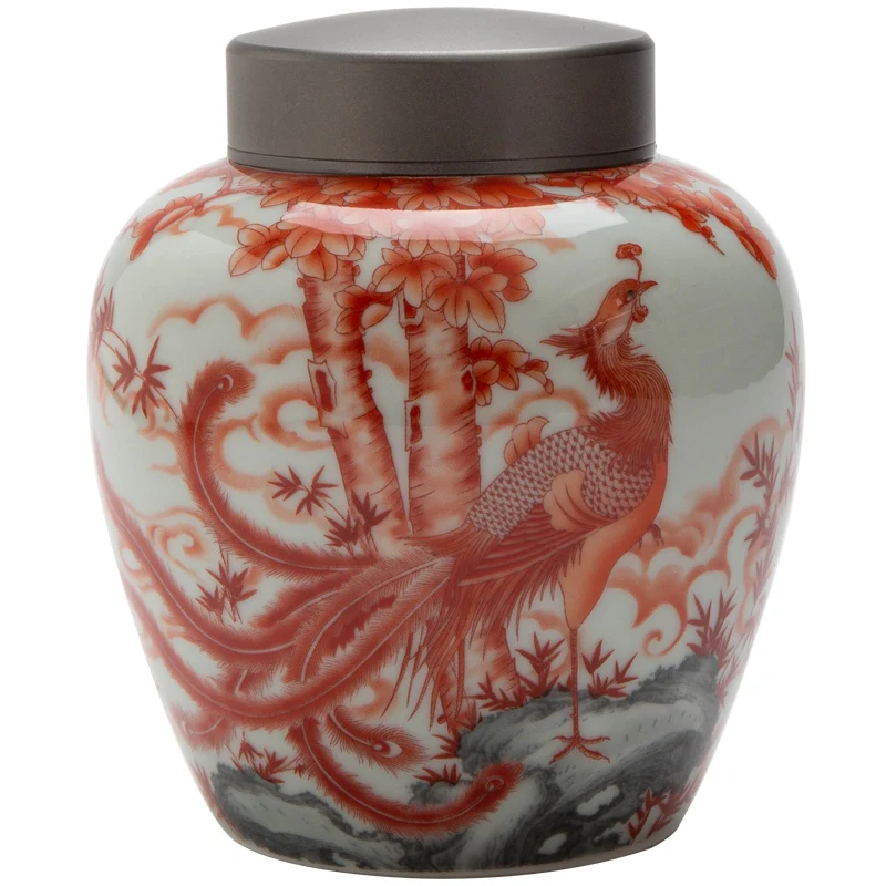 

Creative Red Phoenix Pattern Ceramic Storage Tank Large-capacity Metal Sealed Tea Cans Coffee Beans Candy Porcelain Jars Decor