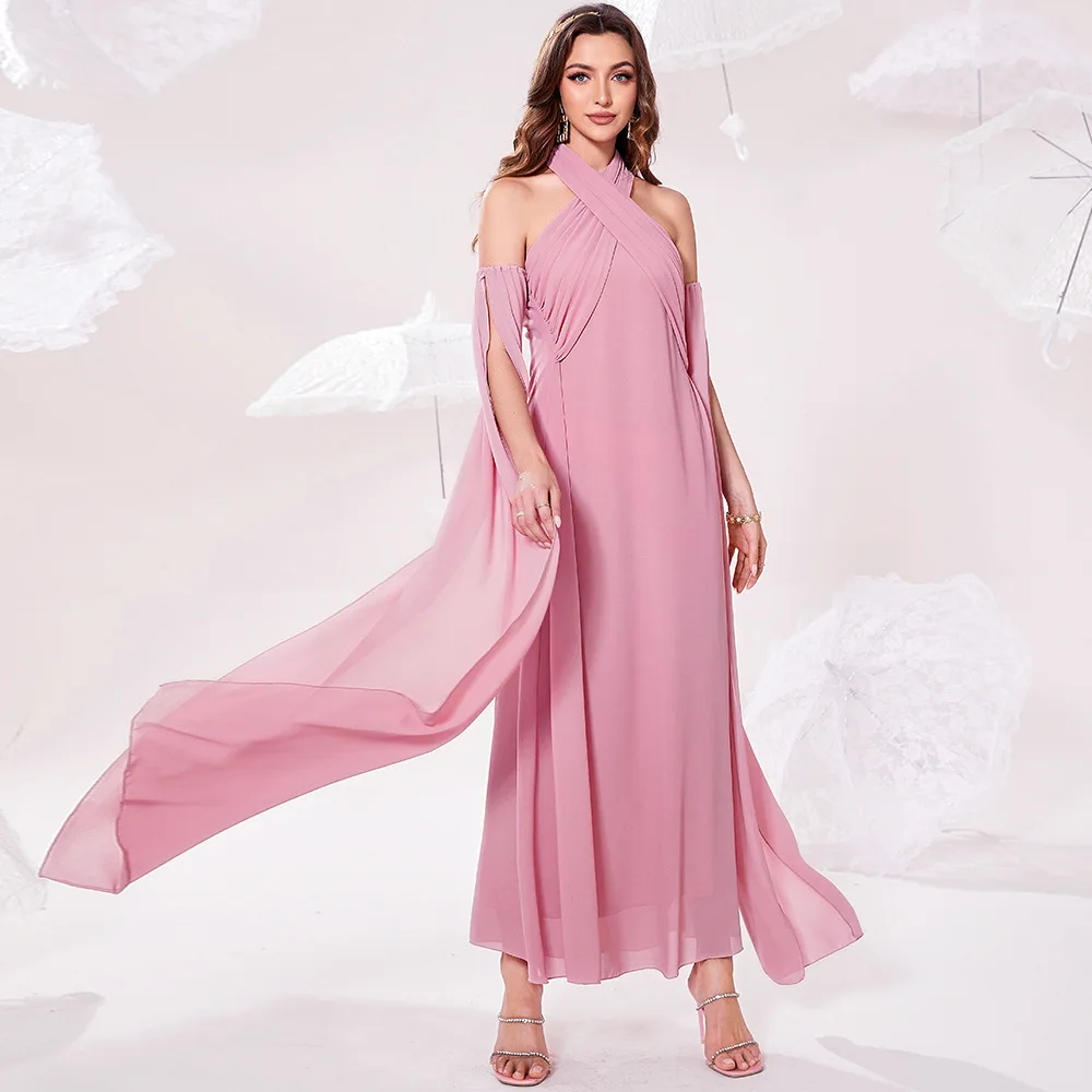 Flower Muslim Off Shoulder Sexy Arabic Dresses For Women 2022 Backless Halter Solid Color Abaya Dubai Long Soft Islamic Dress