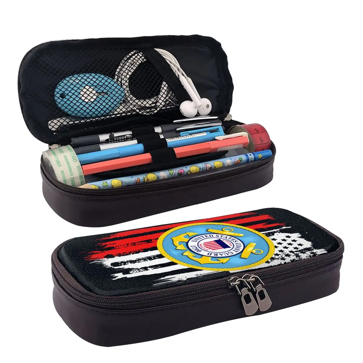 

Coast Guard Academy United Leather Pencil Case Zipper Pencil Box Stationery Pen Pouch for Boys Girls School Students Work Office