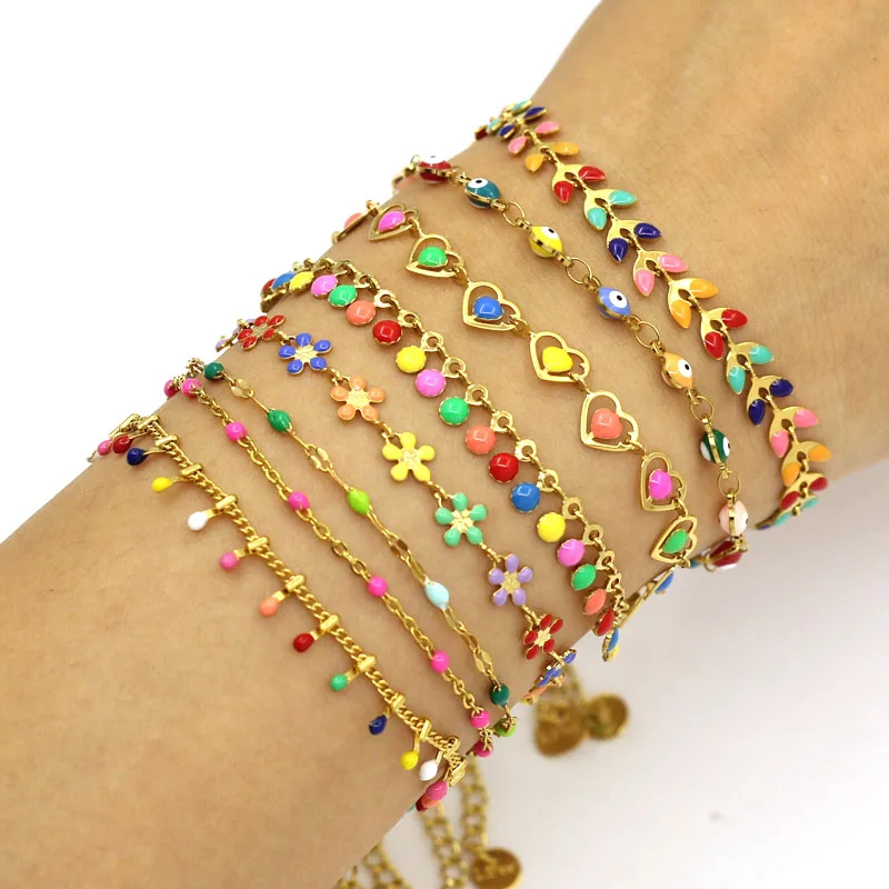 

Romantic Colorful Resin Enamel Chain Bracelet For Women Stainless Steel Plating Gold Dropping Oil Craft Fashion Bracelet Jewelry