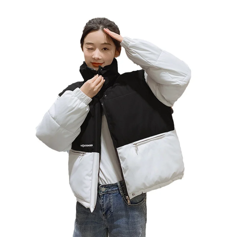 

2023 модное осенне-зимнее короткое пальто в стиле пэчворк, Женская куртка на хлопковом наполнителе, с воротником-стойкой, утепленная парка