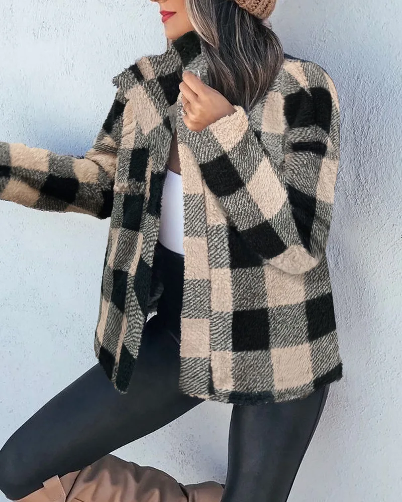 

Women's Coat Plaid Print Plus Velvet Fashion Autumn And Winter Thin Long-sleeved Khaki Lapel Cardigan Coat Fashion Short Casual