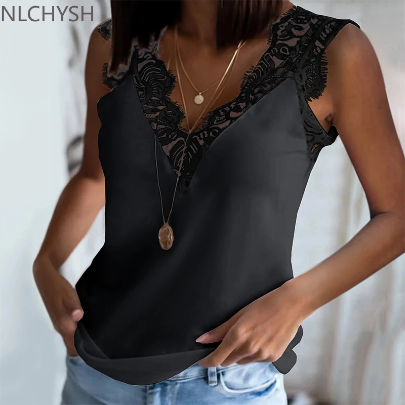 

2022 кружевной Однотонный женский жилет с V-образным вырезом, топ на бретельках, повседневные рубашки без рукавов, блузка, рубашки, одежда для ...