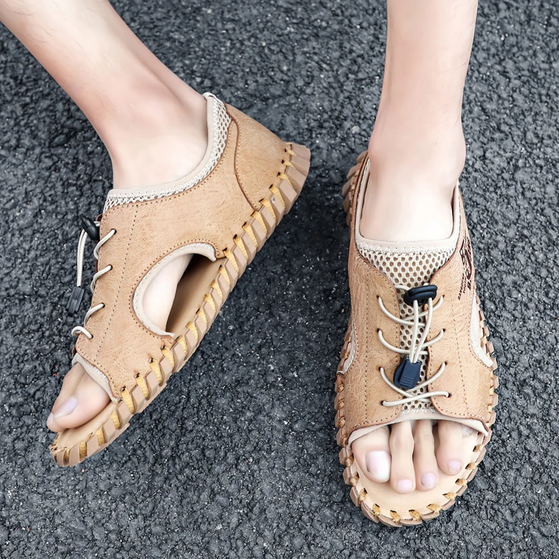 Mens Fashion Leather Sandals Summer Classic Men Shoes Slippers Soft Sandals Roman Comfortable Outdoor Walking Footwear