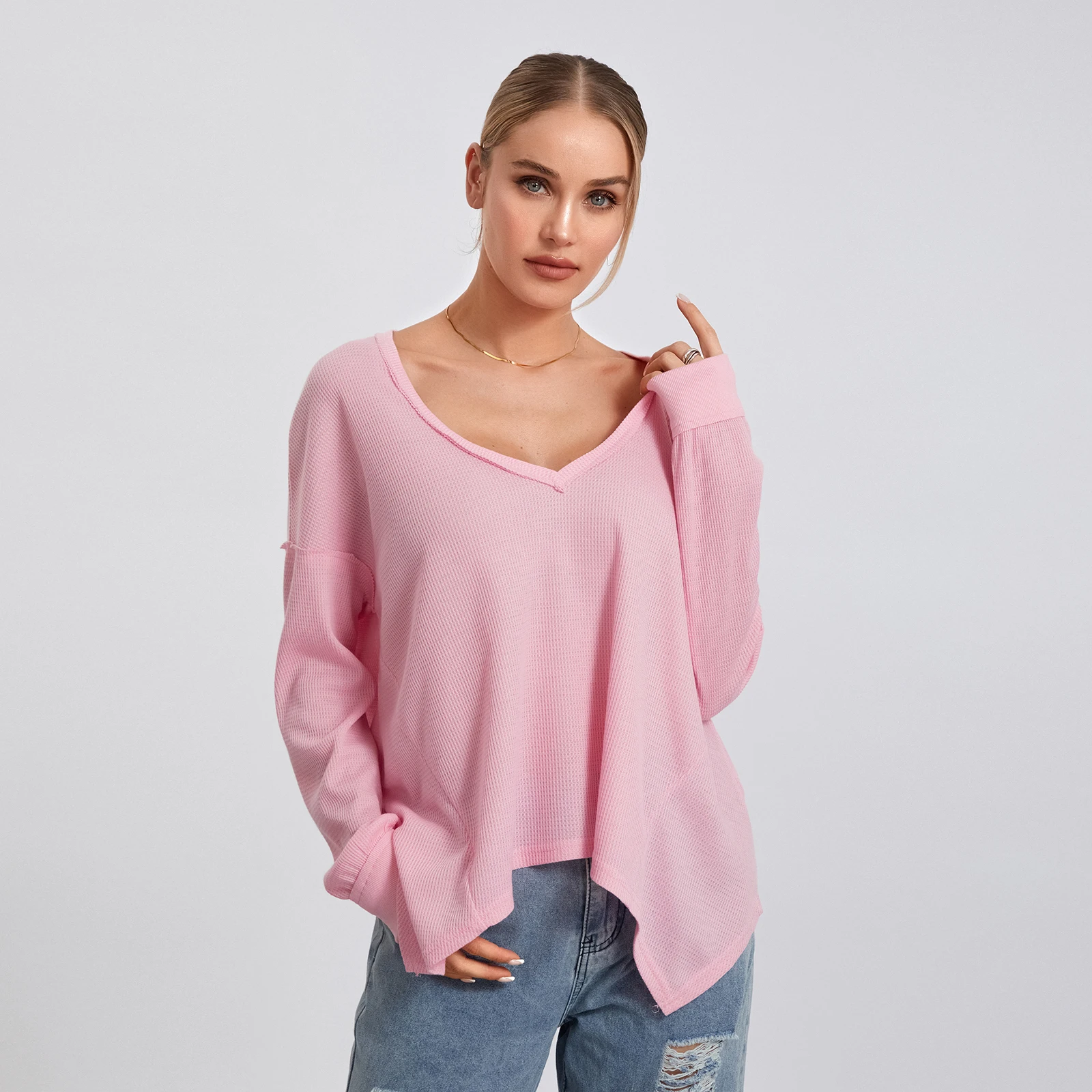 

Women Long Sleeve T-Shirts Solid Color Dropped Shoulders V-Neck Waffle Shirts Spring Fall Loose Fit Tops Streetwear