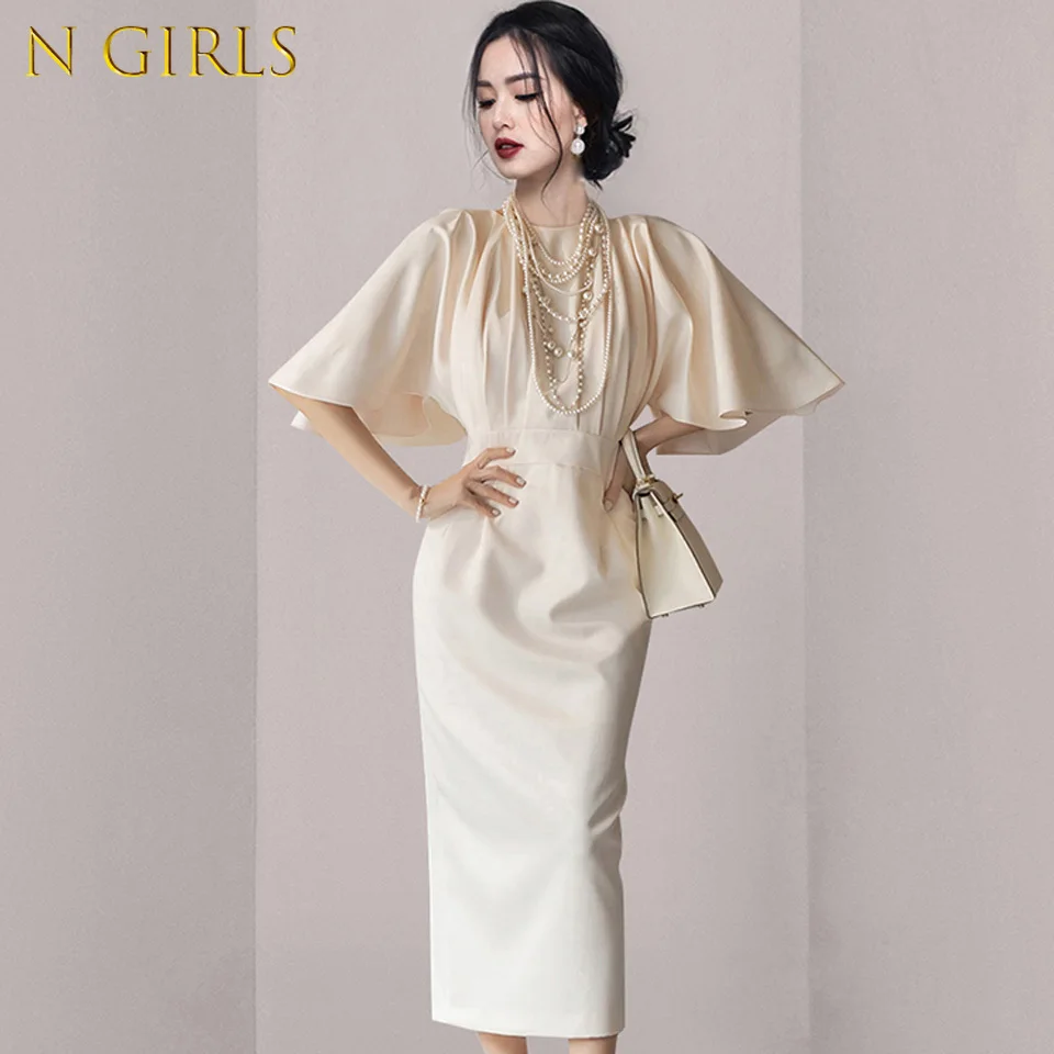 Элегантное вечернее платье для девочек, весна 2022, однотонное офисное платье свободного покроя с воротником, рукавом «летучая мышь» и большо...