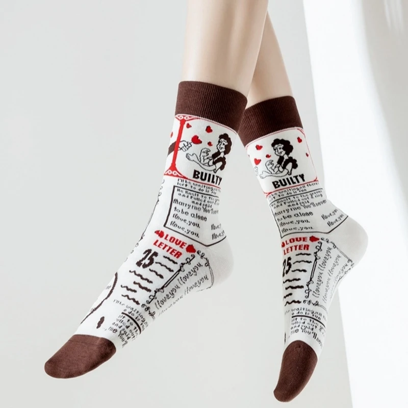 5Pairs/Set Retro Cotton Socks for Women Street Fashion Cartoon Painting Printed Crew Socks Unisex Middle Tube Men Sport Sox