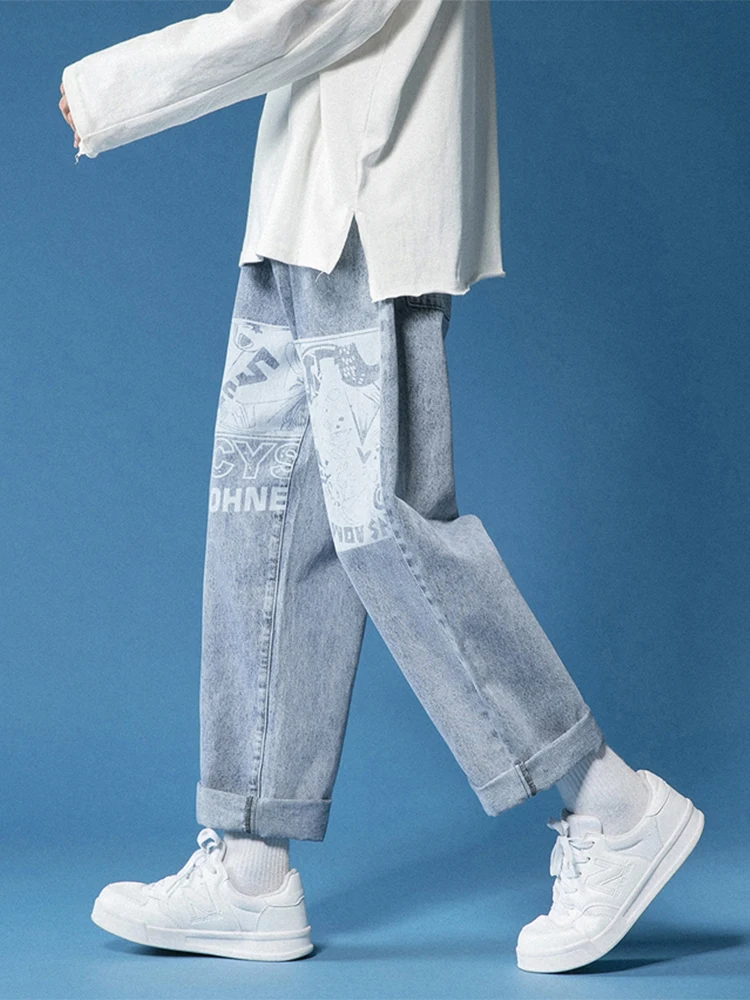 Jeans Men's Fashion Anime Print Trend Wild Loose Straight Wide Leg Pants Streetwear Men's High Street Clothing штаны мужские