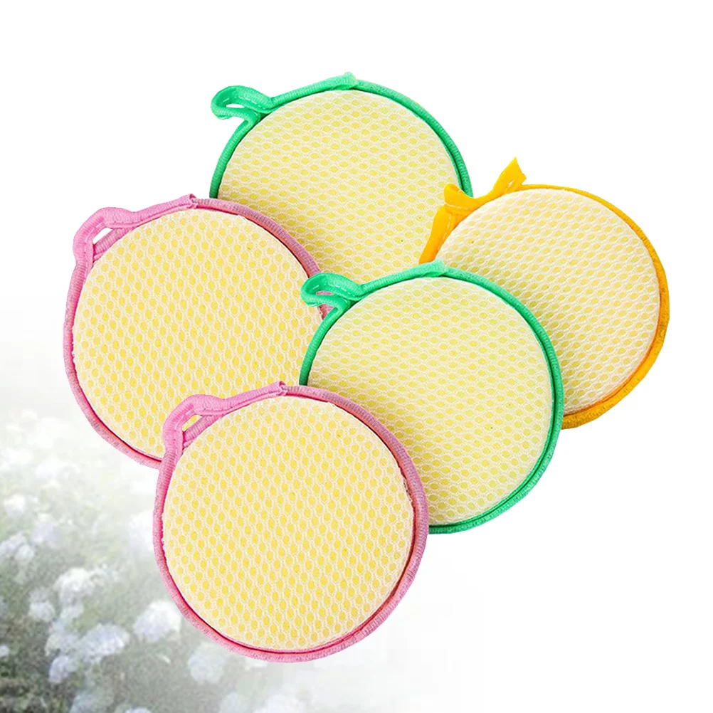 

5pcs Double-side Round Sponge Scouring Pad Home Household Kitchen Dishwashing Sponge Cleaning Pad Sponge Cloth )