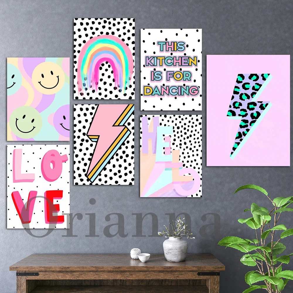 

Spots Pastel Lightning Bolt Love Rainbow Pastel Smiles This Kitchen Is For Dancing Quote Poster Nursery Bedroom Print Wall Decor