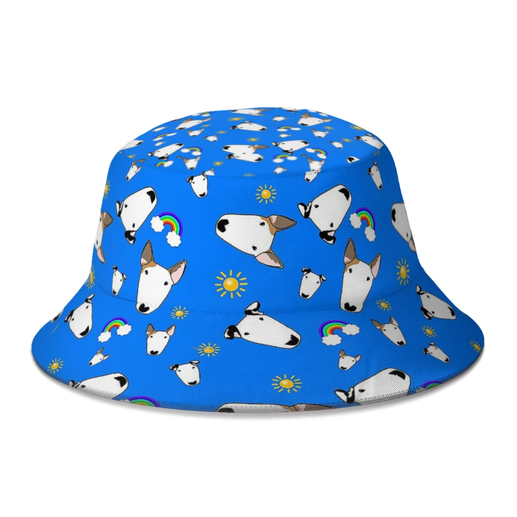 

New Unisex Polyester Bull Terrier Dogs Bucket Hats Women Summer Sunscreen Panama Sun Cap Men Beach Fisherman Hats Dropshipping