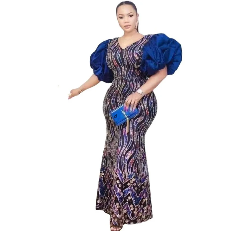 2023 New Christmas Party Evening Dress Sequins Diamond Maxi African Dresses For Women Puff Sleeves Slim Luxury Muslim Abaya 4XL
