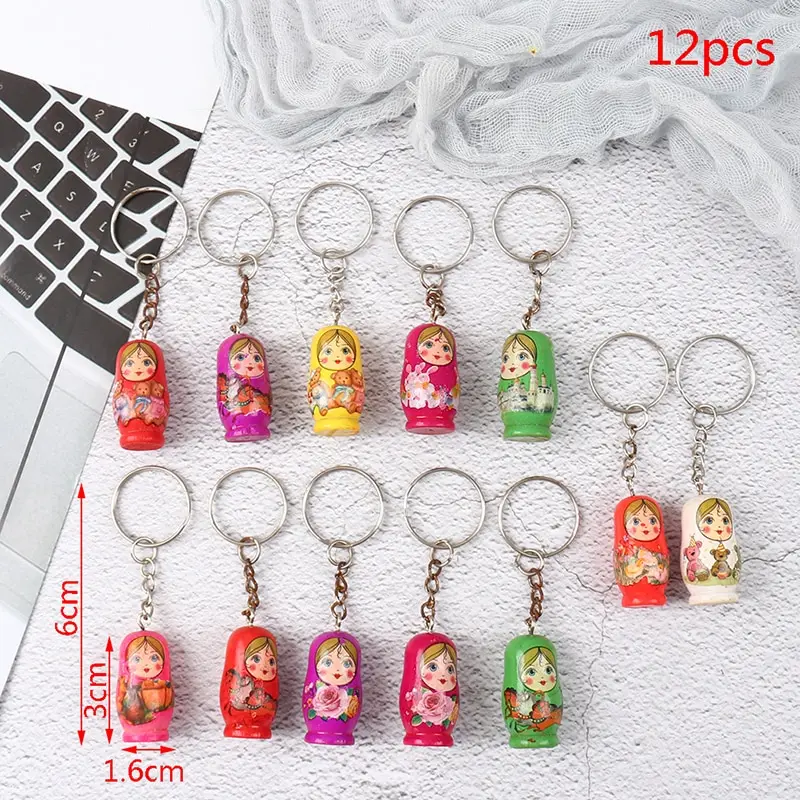 

12Pcs/Set Matryoshka Russian Dolls Key Rings Drip Wood Keychains Decor Christmas Gift[Random Color]