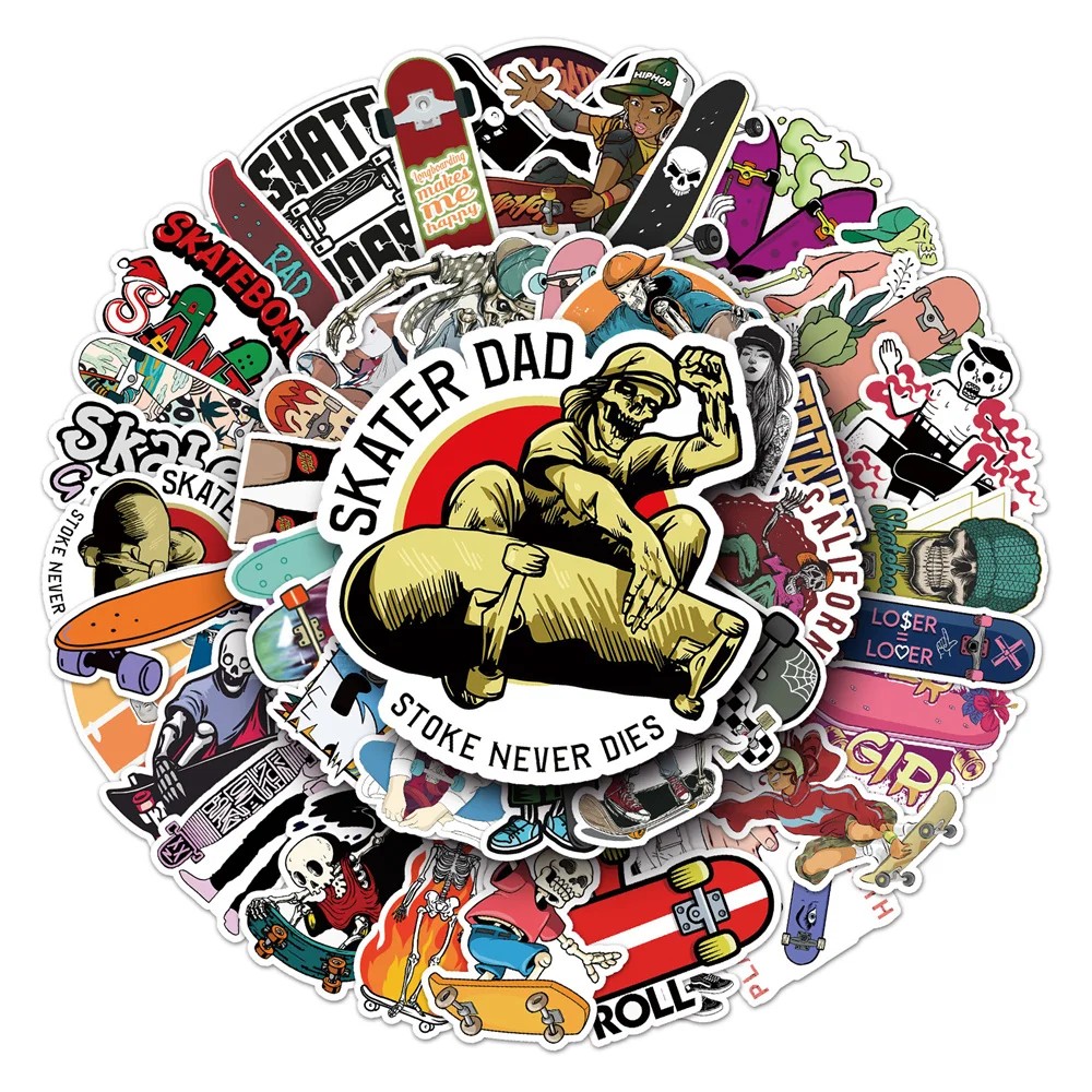 

10/30/50PCS Skull Skateboard Series Cartoon Personality Sticker Luggage Laptop IPad Gift Skateboard Waterproof Sticker Wholesale