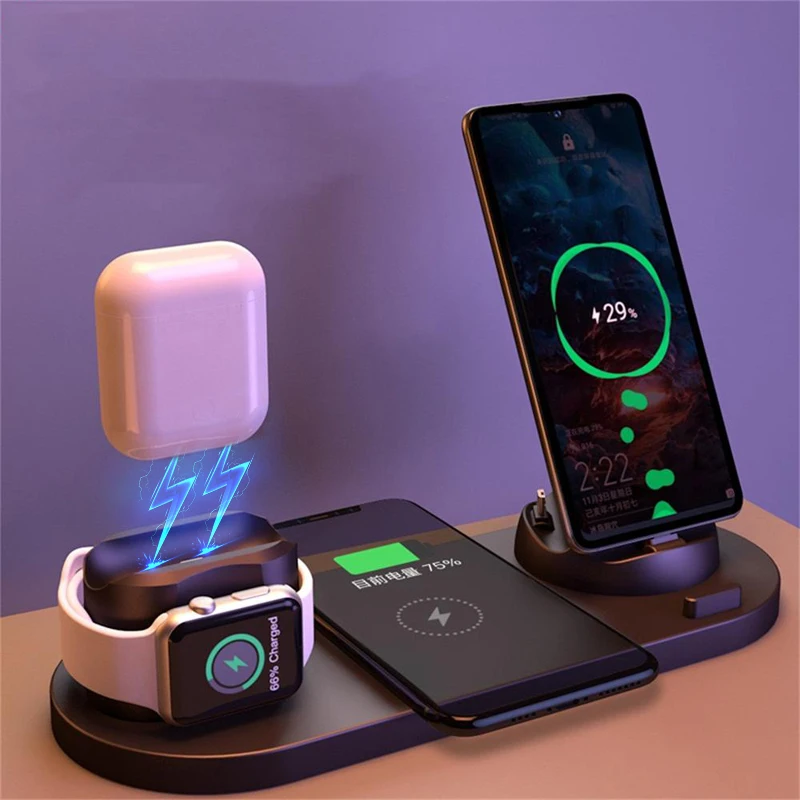 

New 6 in 1 Wireless Charger Dock Station for iPhone/Android/Type-C USB Phones 10W Qi Fast Charging For Apple Watch AirPods Pro