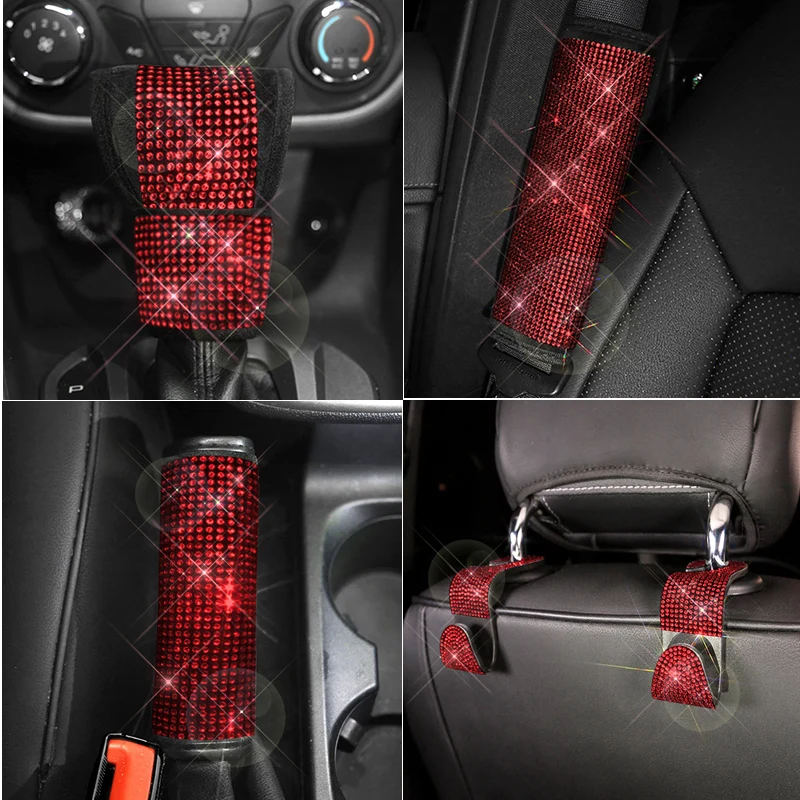 1pc Red Rhinestones Crystal Car Seat Belt Cover Shoulder Pads Car Shifter Gear Hand Brake Covers Auto Interior Accessories