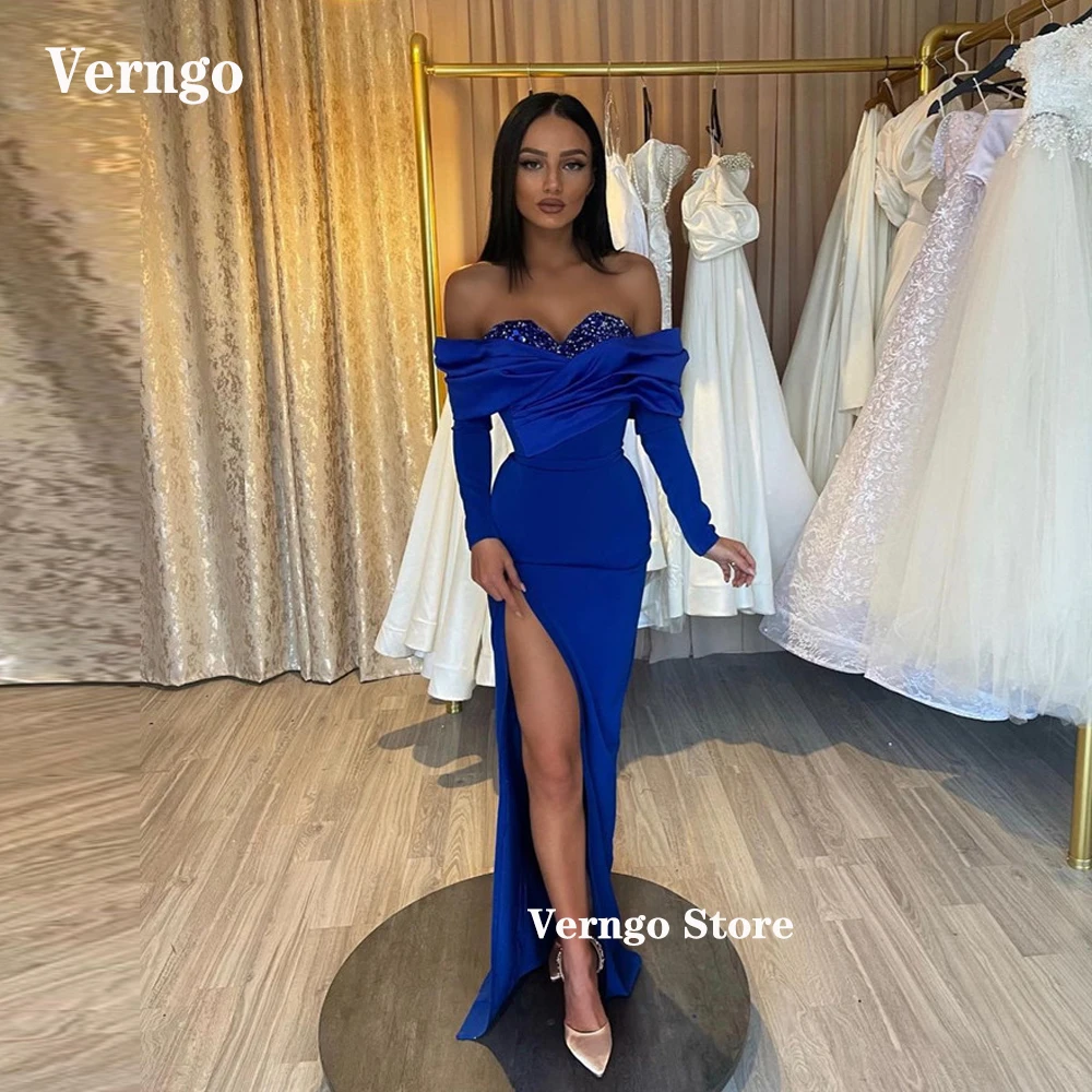 

Verngo Royal Blue Long Evening Dresses Sweetheart Long Sleeves Split Sequin Shiny Sweetheart Prom Gowns Party Dress Vestidos