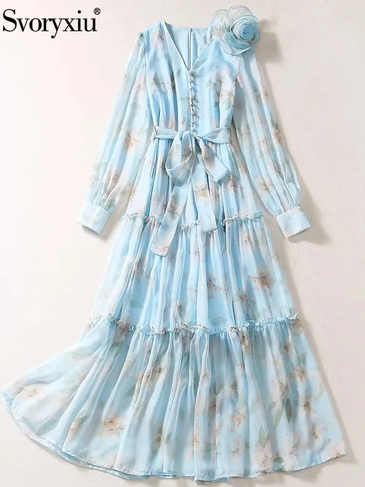 

Svoryxiu Spring Runway Designer Vintage Print Mid-Calf Dress Women's Lantern Sleeve Button Appliques Bow Frenum Ruffle Dress