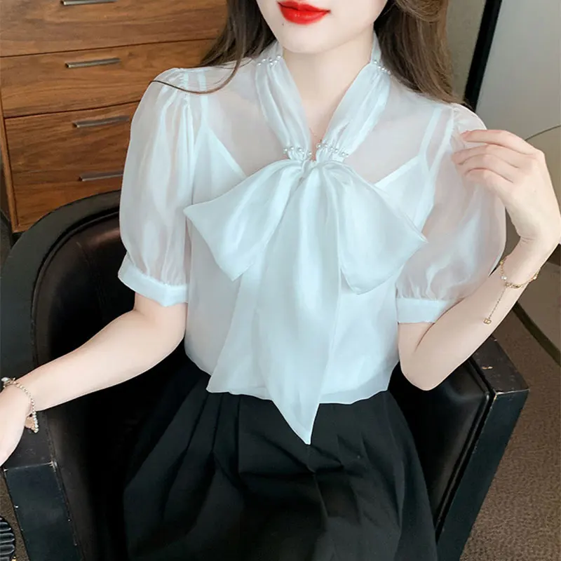 

Chiffon Bow Lace-up Women's Blouse Korean Style Sweet V-neck Solid Color Puff Sleeve Chic Fashion Female Elegant Workwear
