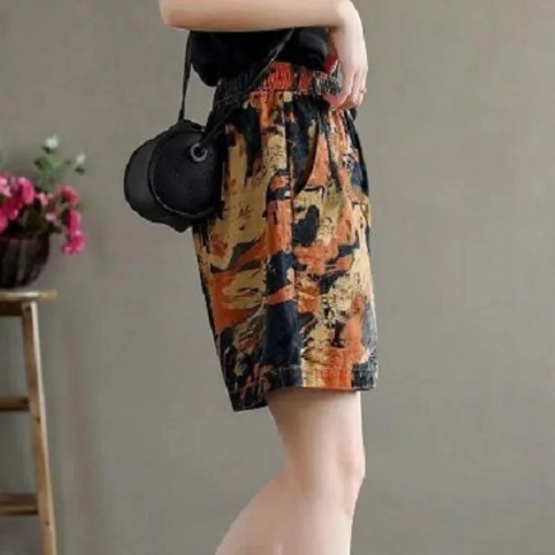 Short Pants for Woman To Wear Linen Cotton Print Loose Home Women's Shorts Graphic With Belt Elastic Waist Baggy Low Price Cheap