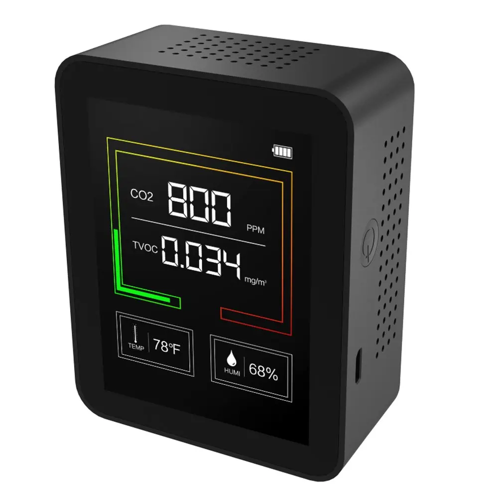 

USB Rechargeable CO2 Meter Air Quality Monitor Carbon Dioxide Sensor TVOC Detector Concentration Temperature Humidity Testing