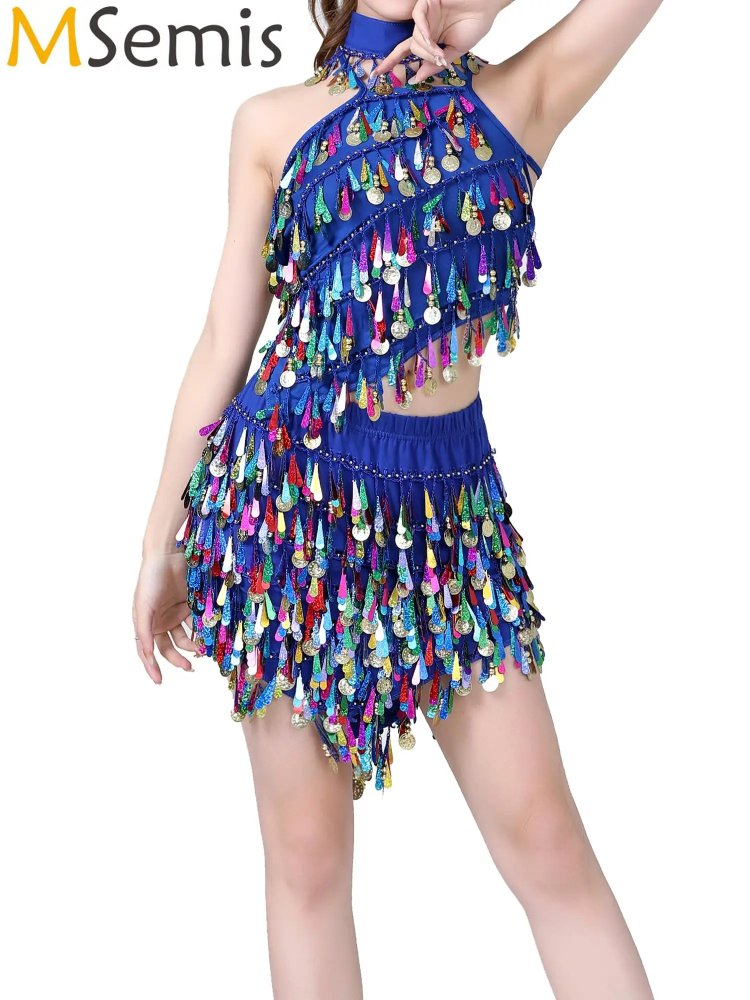 

Женское платье для танца живота с блестками и бахромой, кроп-топ со шнуровкой спереди и юбка, одежда для карнавала и латиноамериканских танцев