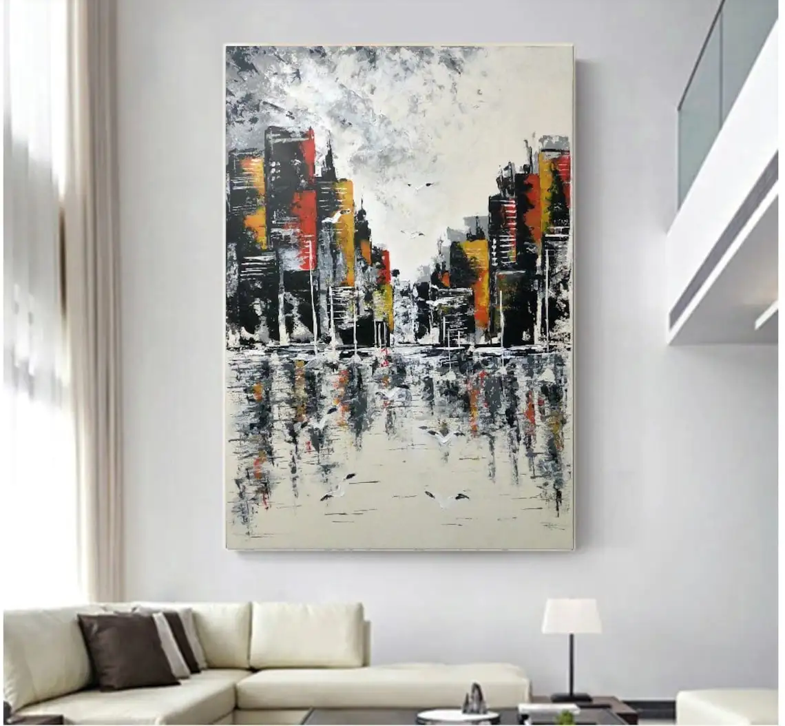 

Large Abstract Modern Wall Art Cityscape Thick strokes Acrylic Painting Hand Painted On Canvas Impasto Art for Living Room Decor