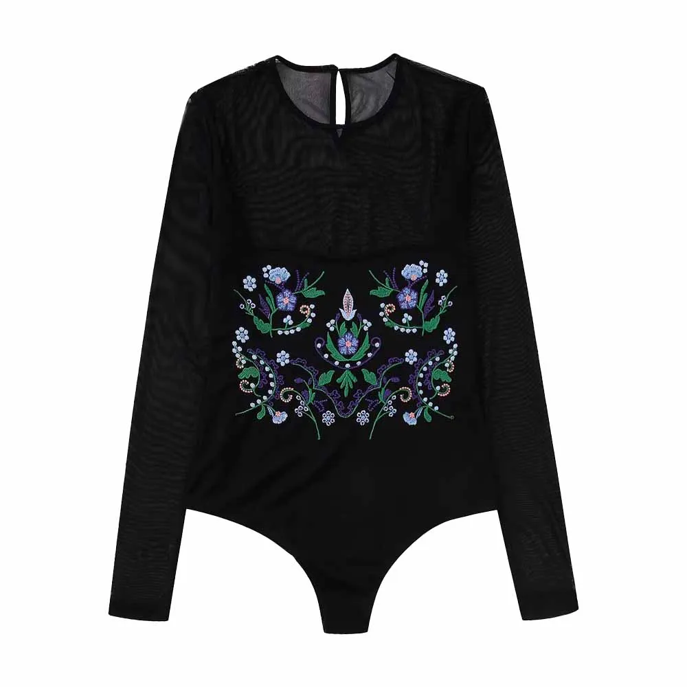 

Женский тюлевый комбидресс с вышивкой, длинным рукавом и круглым вырезом