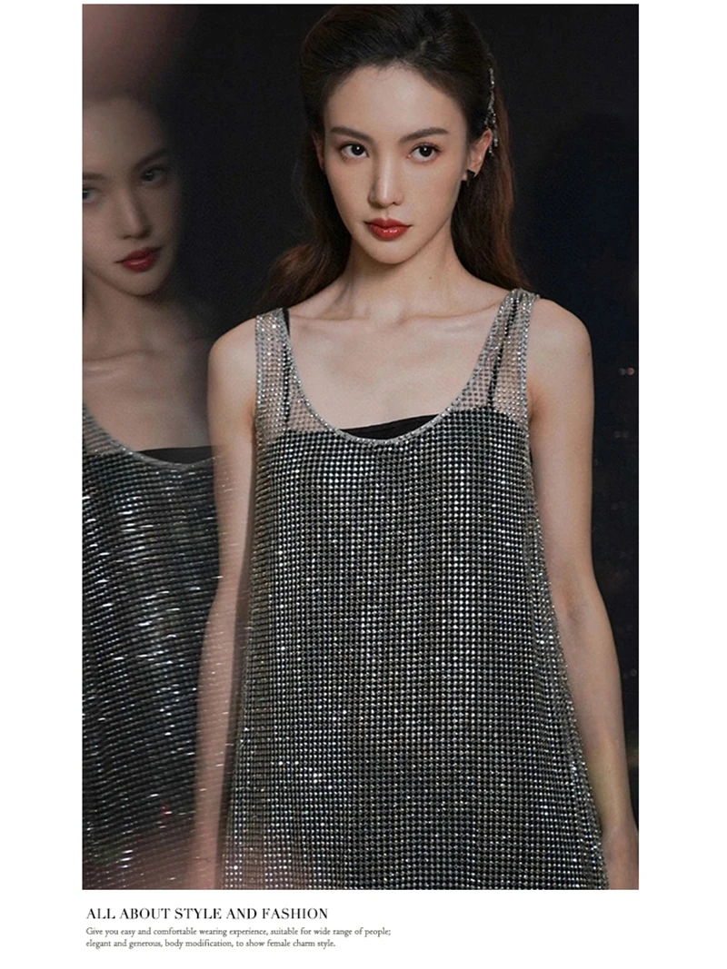 

2022 New Women's Sexy Rhinestone Embellished Shift Dress Laides Diamond Metal Mini Tank Top Dress Sparkling Strass Vest